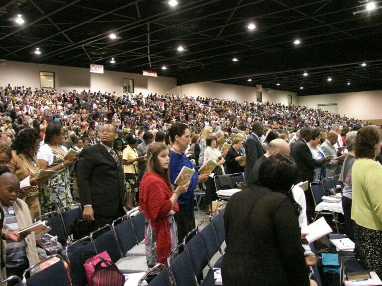 Photo of portion of packed crowd at Jehovahs Witnesses Convention in 2011