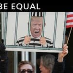 Image of Trump caricature in prison clothes behind bars