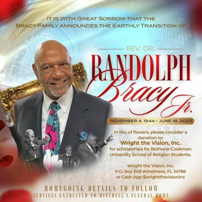 Death announcement, Rev. Randolph Bracy, Jr.