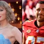Split images of Taylor Swift and Travis Kielce