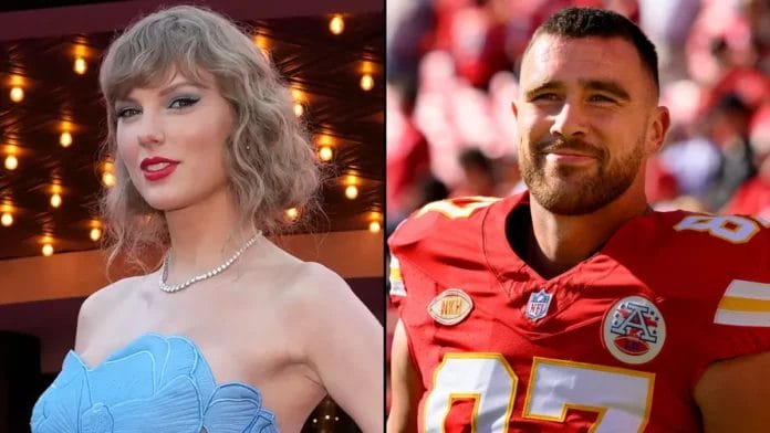 taylor-swift-travis-kelce Split images of Taylor Swift and Travis Kielce